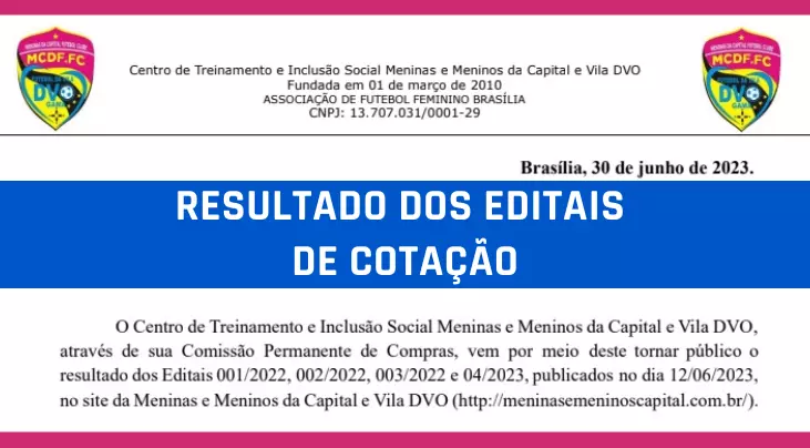 Meninas e Meninos da Capital e Vila torna público o resultado dos Editais de Cotação e abre prazo para recurso